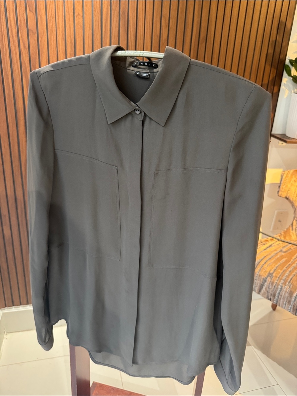 Theory Silk Button-Front Blouse Olive Green Size SP